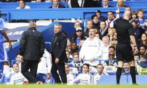 José Mourinho is sent off by referee Anthony Taylor during Chelsea's 4-1 win over Cardiff City.