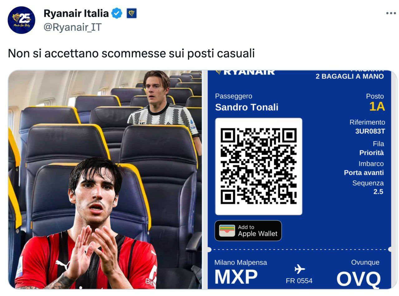 Ryanair post meme Tonali e Fagioli